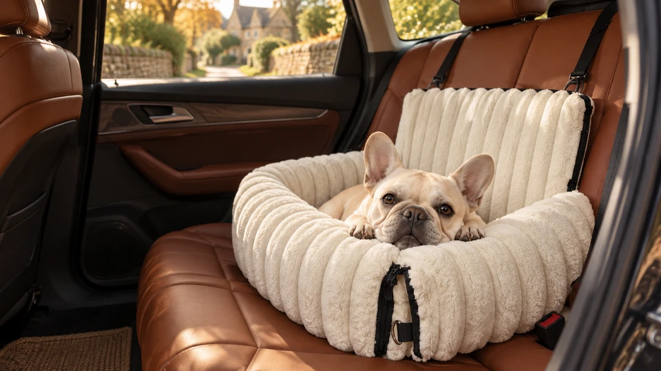 A cream French bulldog resting its chin on the ribbed seat in a cognac leather car