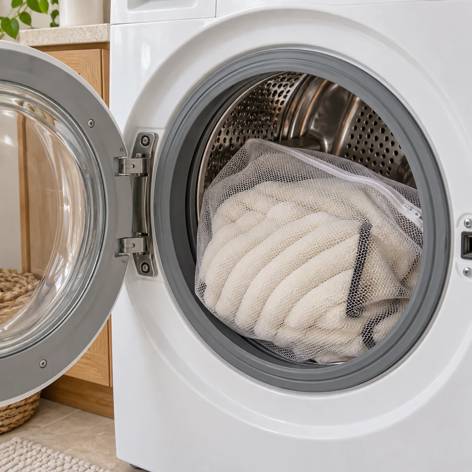 The empty cream ribbed fabric cover in a mesh laundry bag inside an open washing machine