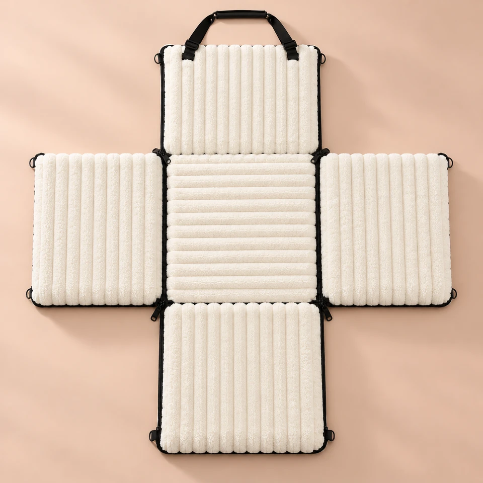 The cream ribbed seat with all its walls unzipped and laid flat into a resting pad