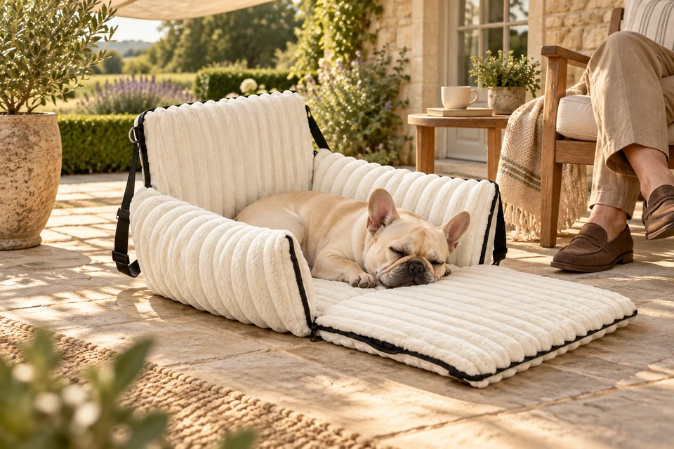 A cream French bulldog resting in the opened ribbed bed on a sheltered stone patio