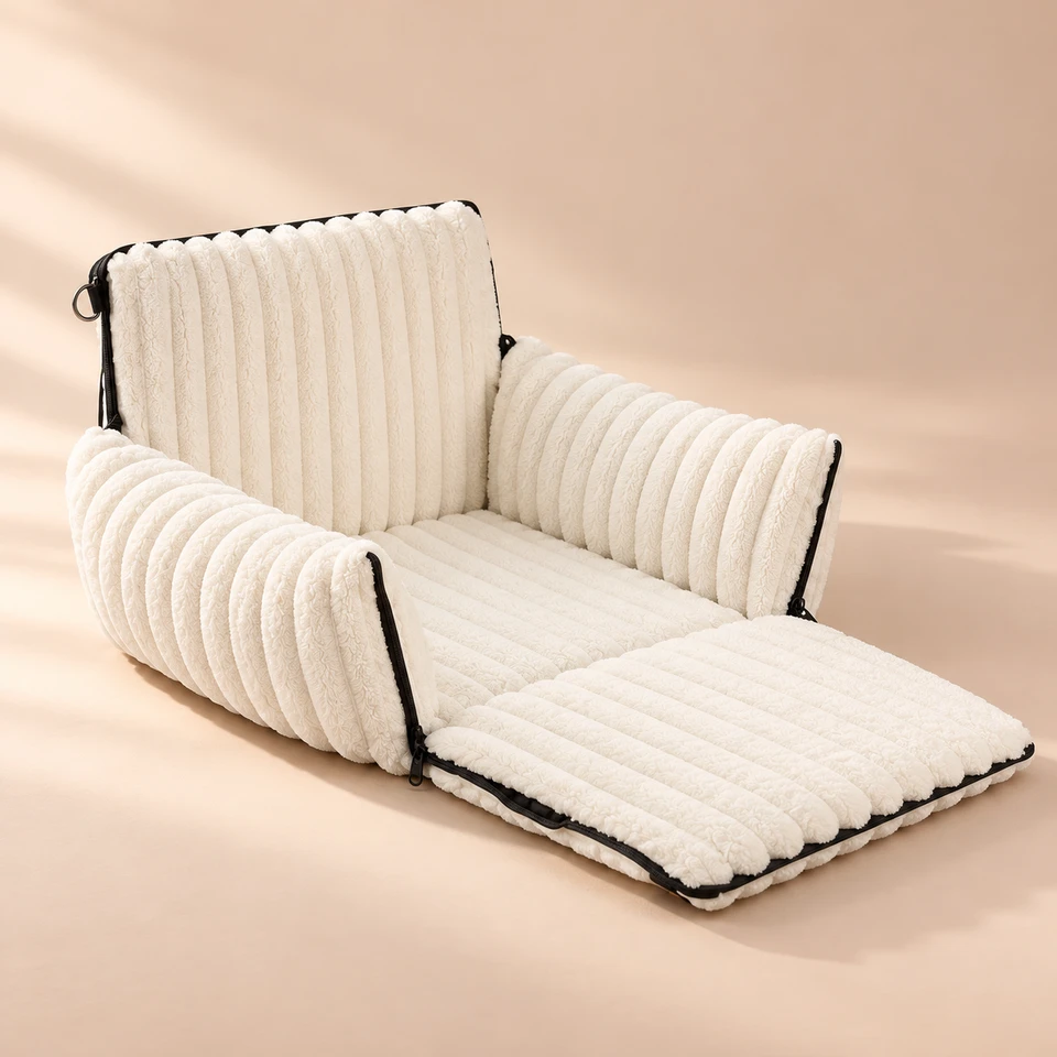 The ribbed seat with its front unzipped and folded down into a bed